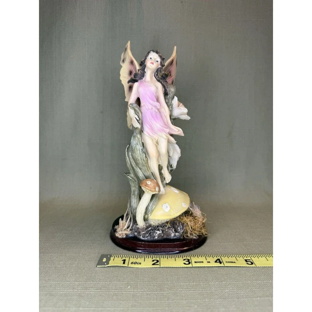 Woodland Fairy Figurine Pink Dress On Mushrooms Real (dead) Flowers